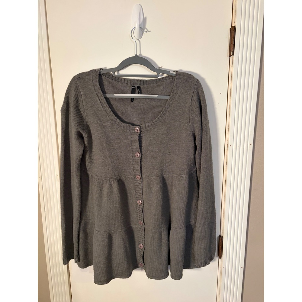 Take Out Womens Gray Tiered Babydoll Cardigan Sweater Scoop Neck Long Sleeve L